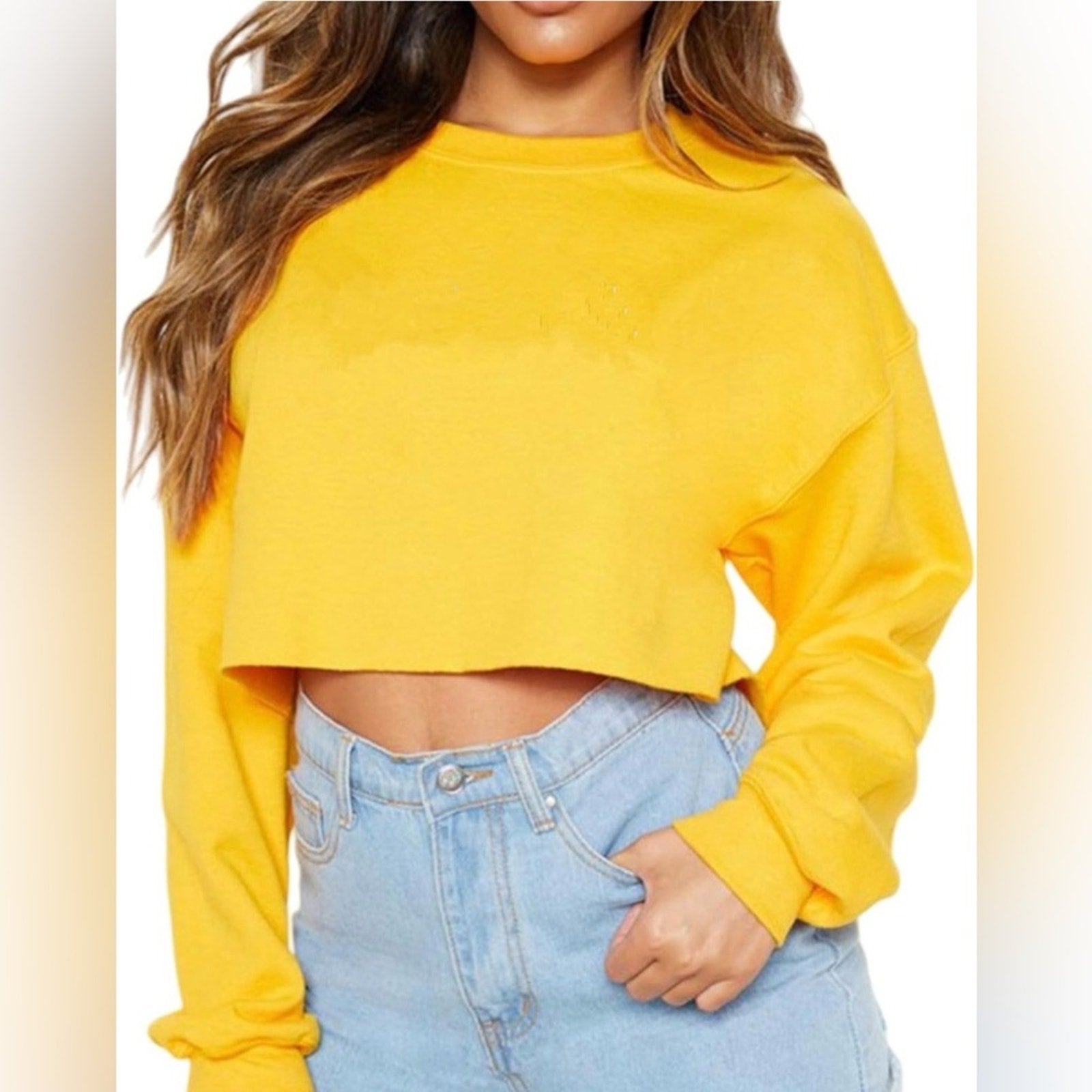 Women’s Yellow Long Sleeve Crop Top Size Large Workout Casual NWT