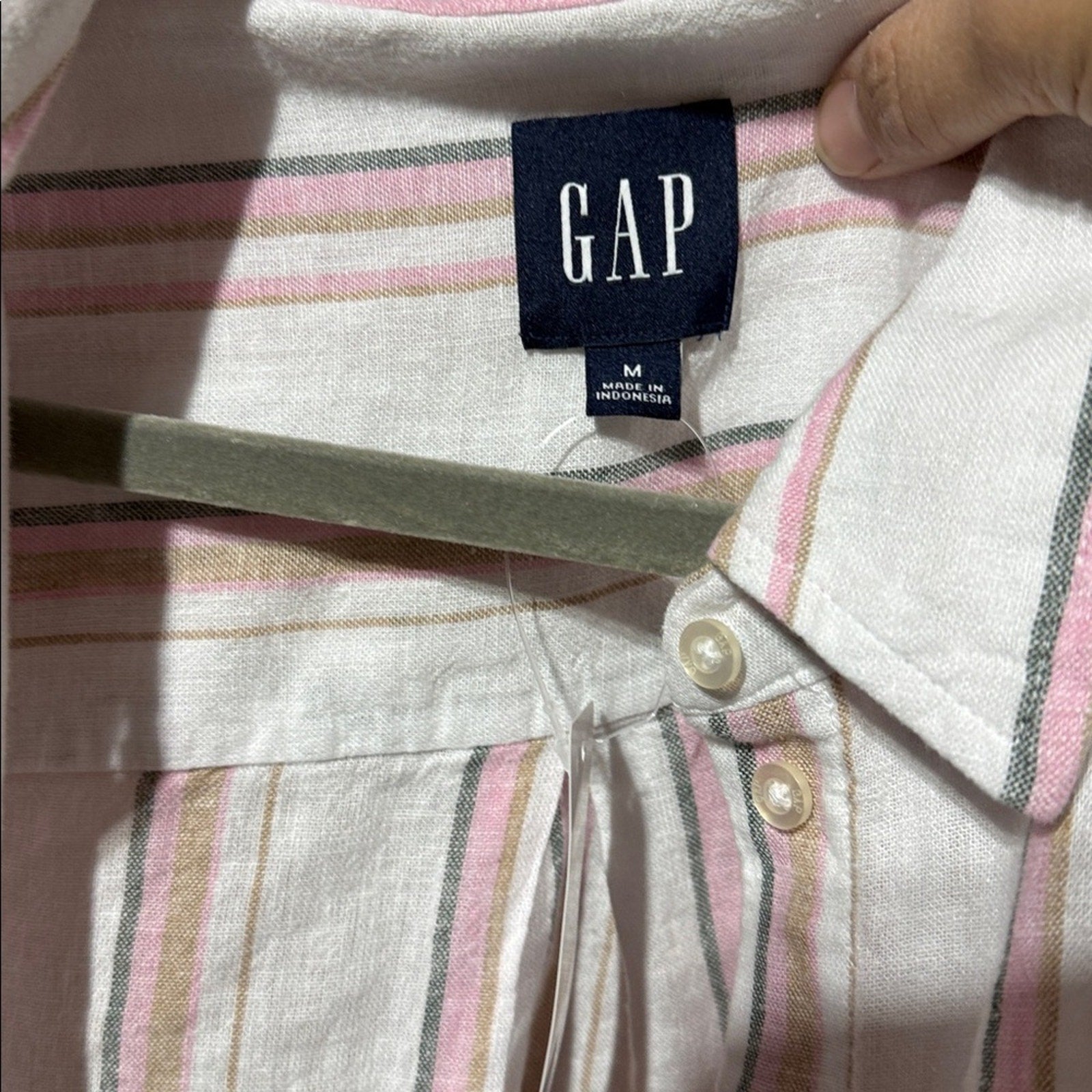 GAP Women’s Linen Button Down Shirt Pink White Striped Long Sleeve Medium New
