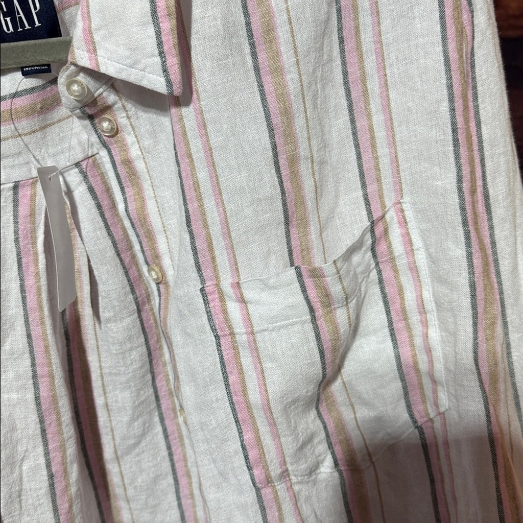 GAP Women’s Linen Button Down Shirt Pink White Striped Long Sleeve Medium New
