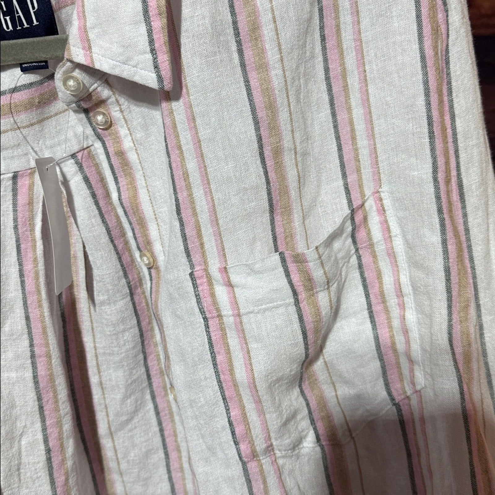 GAP Women’s Linen Button Down Shirt Pink White Striped Long Sleeve Medium New