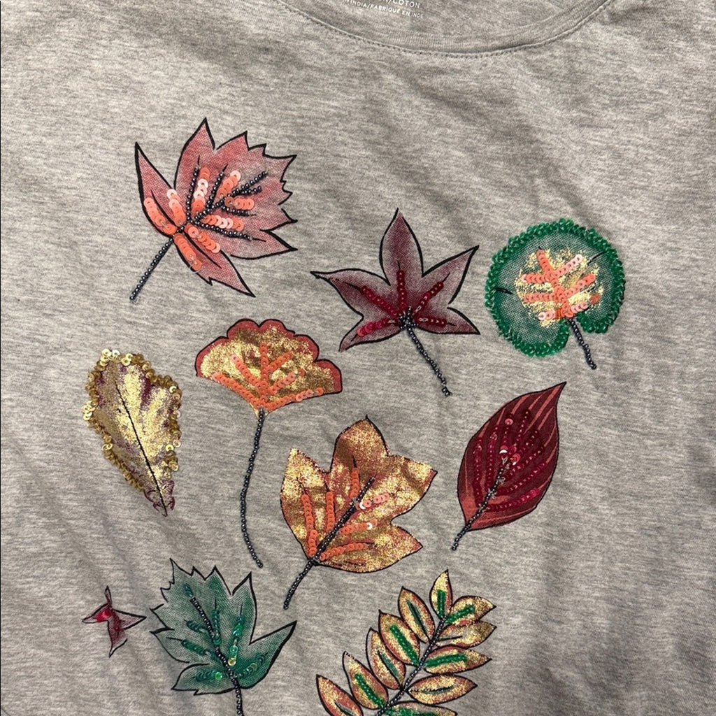 Talbots Gray Long Sleeve Shirt with Leaf Print petite P used