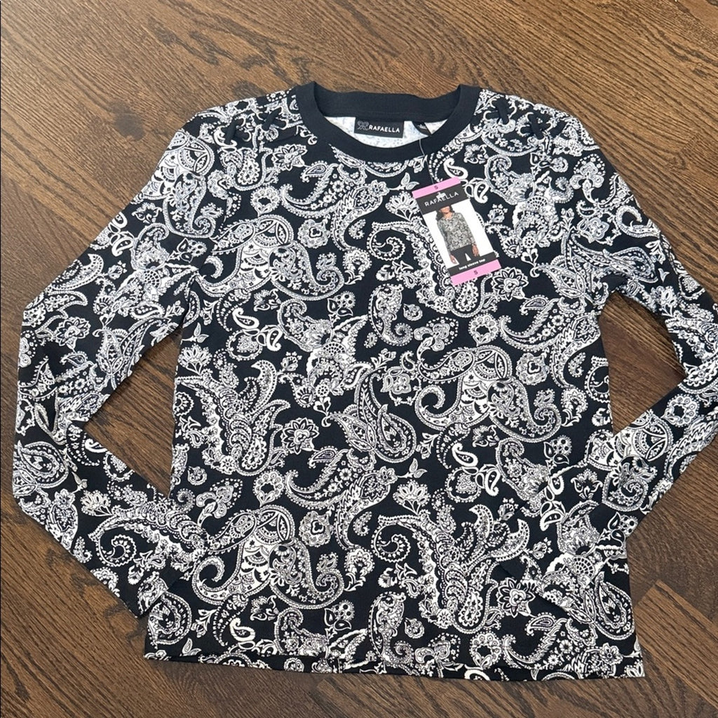 Rafaella Women’s Black & White Paisley Long Sleeve Top Size Small NWT