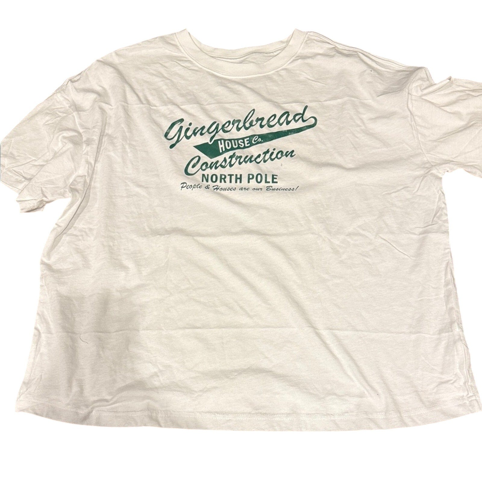 Gingerbread House Construction North Pole Graphic T-Shirt White Green XL NWT