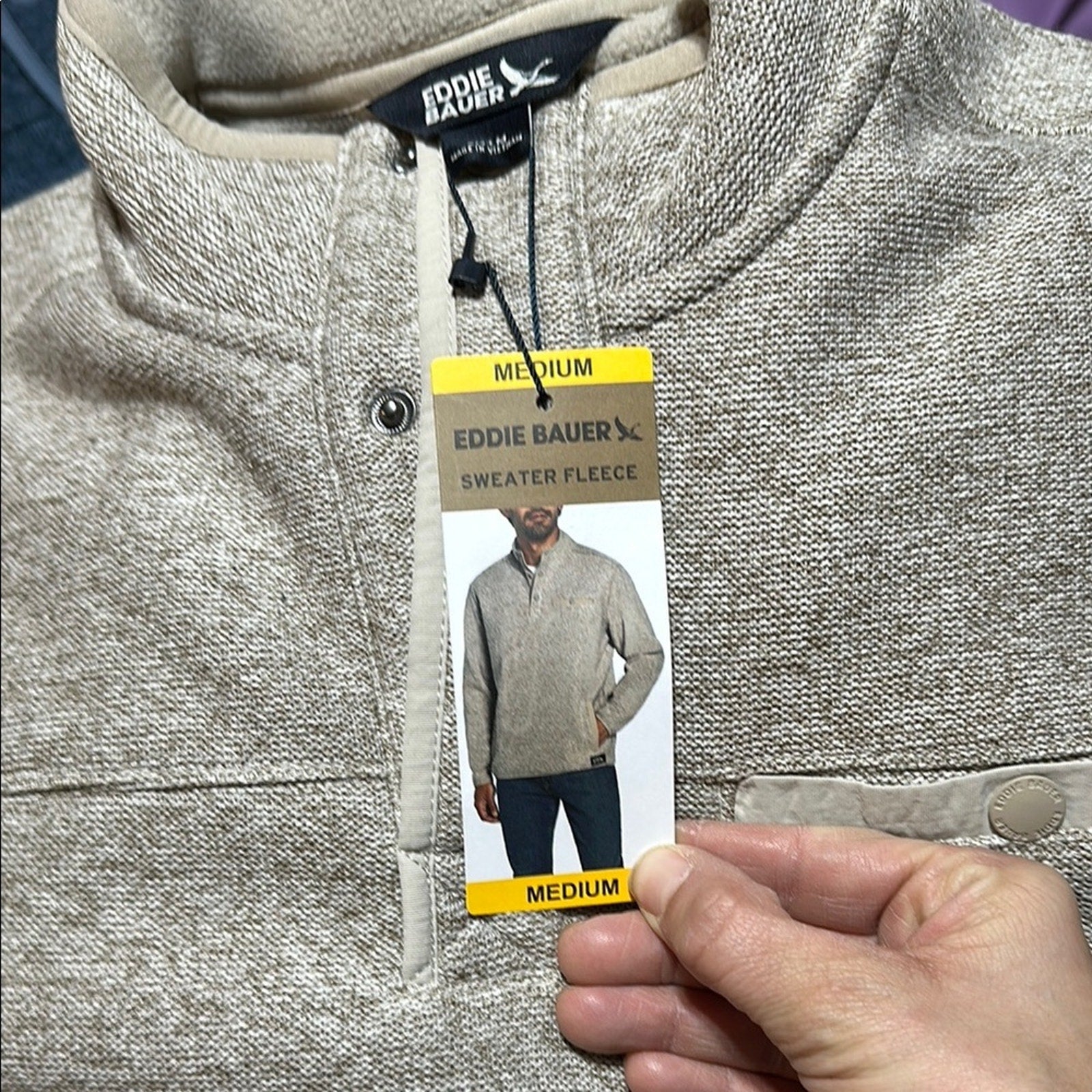 Eddie Bauer Men’s Tan Quarter Button Pullover Sweater Size M New With Tags