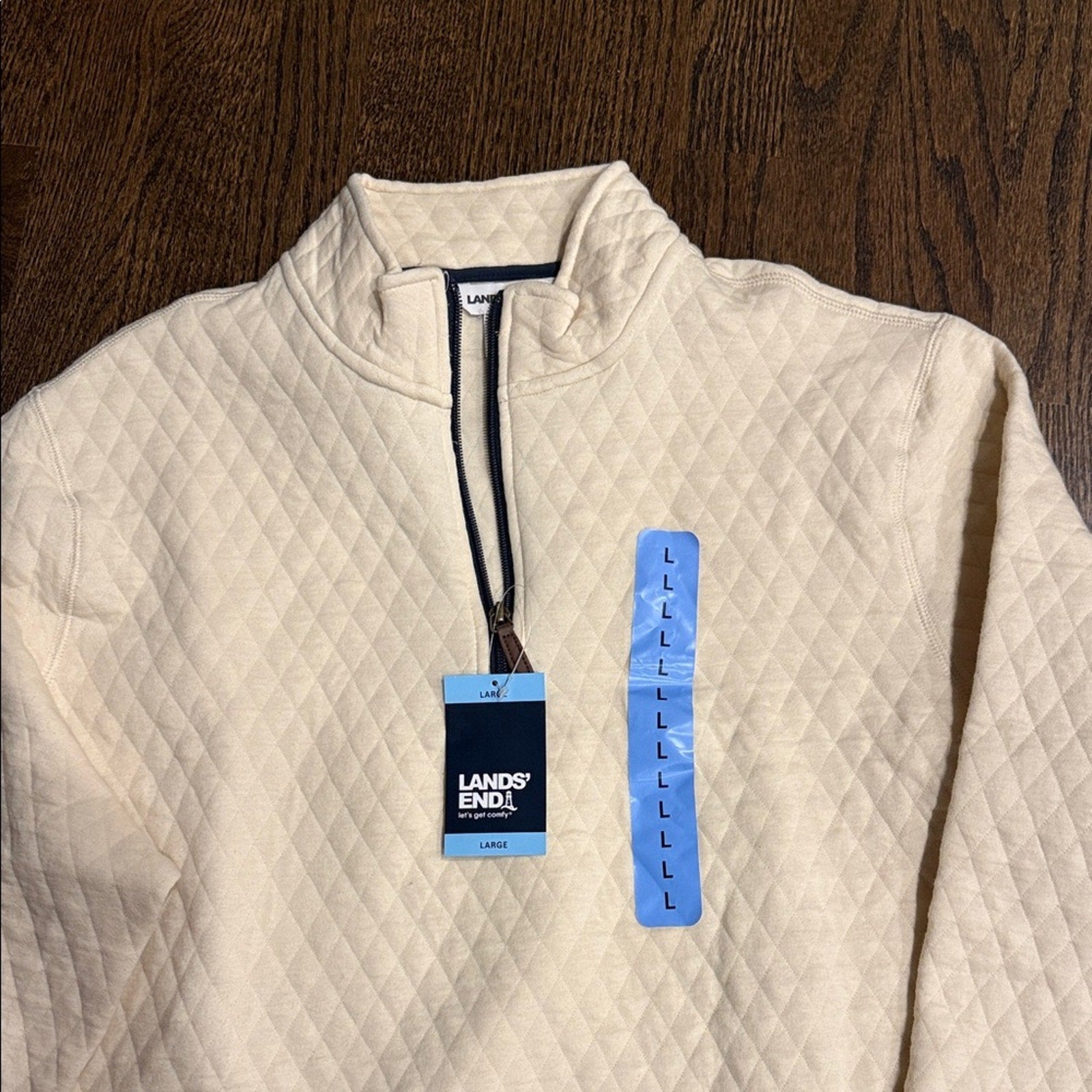 Lands End size large men’s Cream Quilted Pullover with Half-Zip new