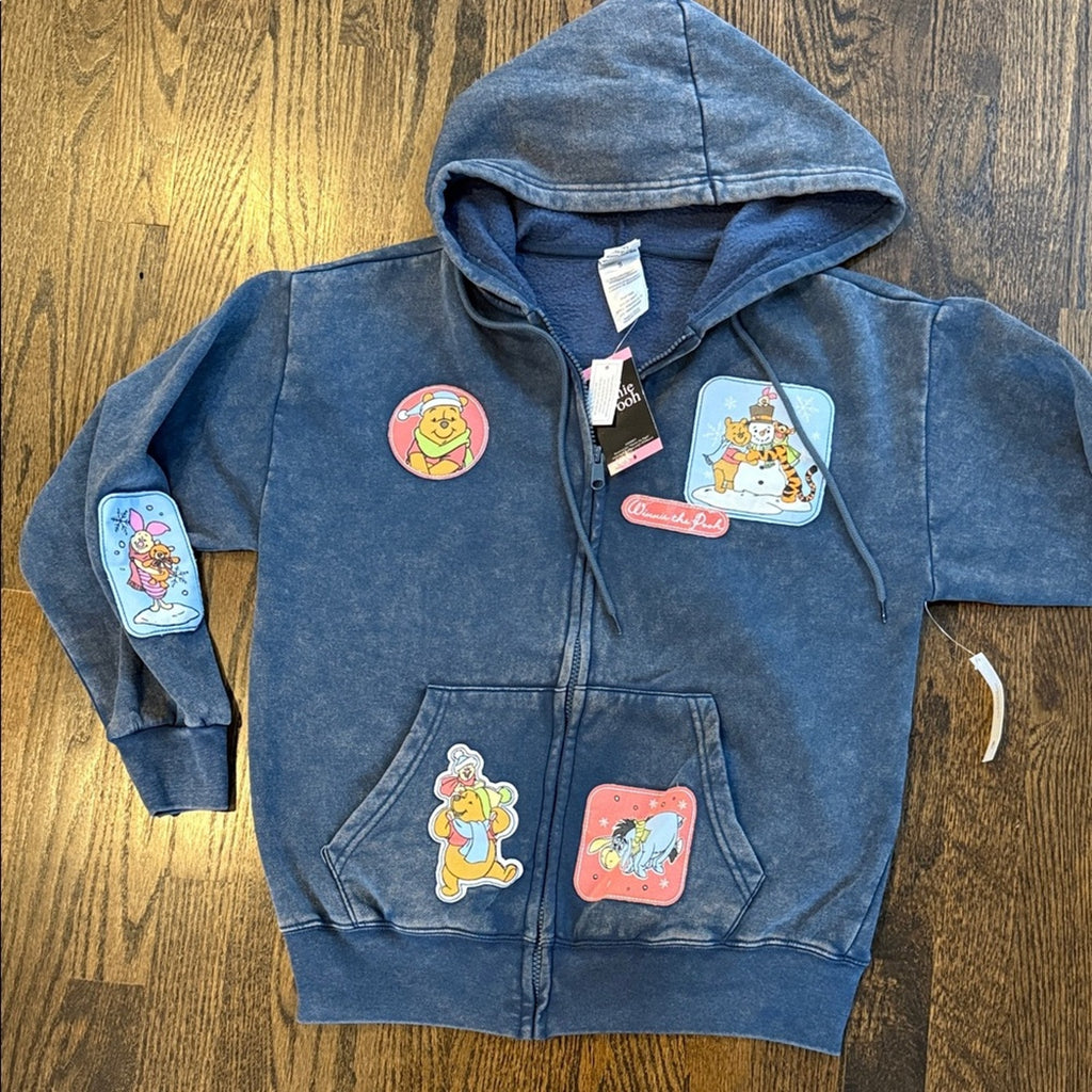 Disney Blue Hoodie with Cartoon Patches Disney zip up sweatshirt Pooh bear Small