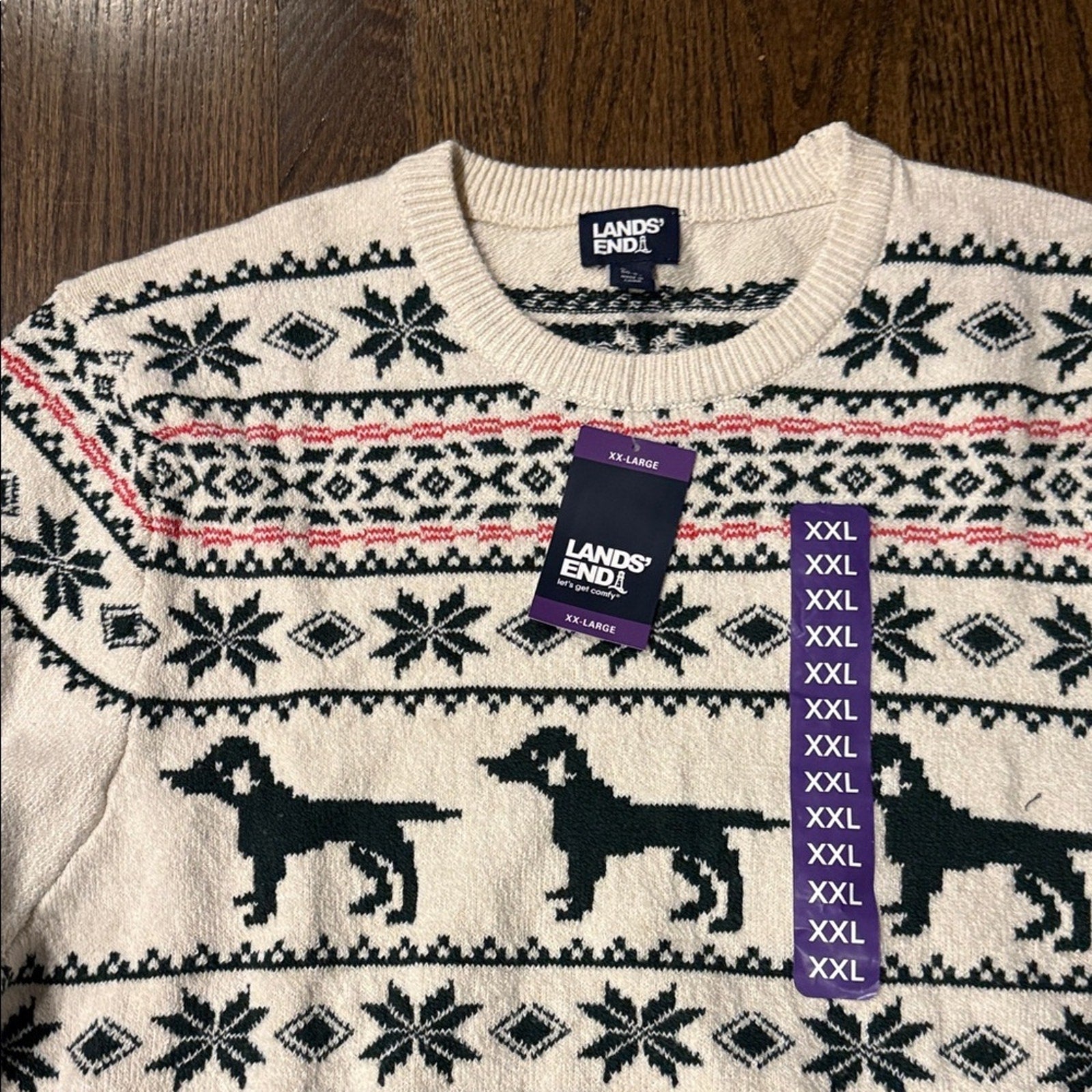 Lands' End Beige and Black Dog Pattern Crewneck Sweater men’s XXL