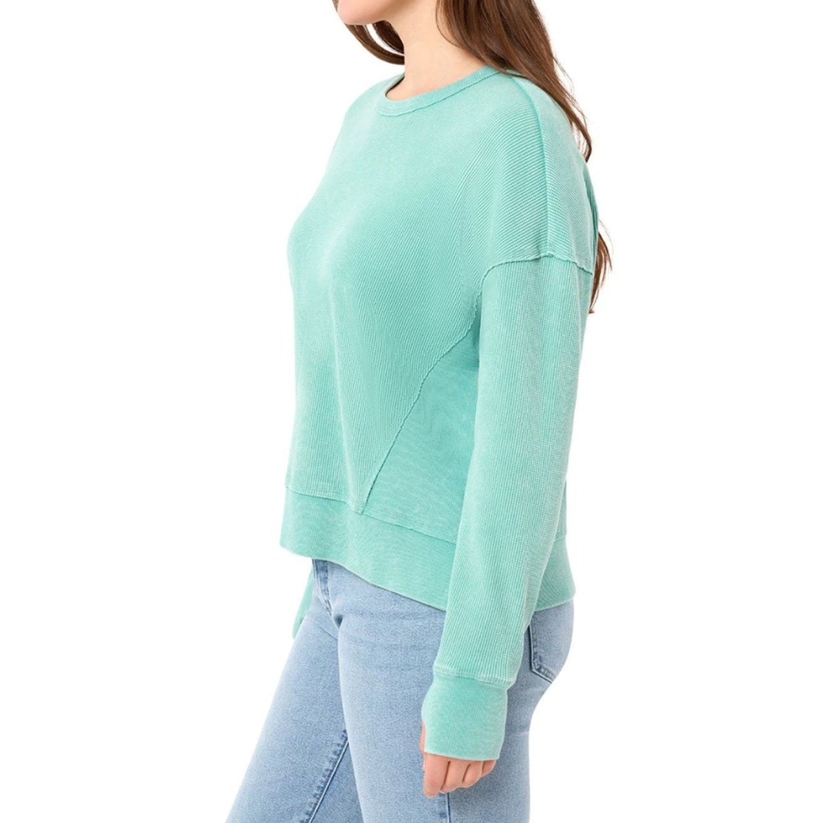 Seven7 woman’s Light Green Crewneck Sweater waffle seven 7