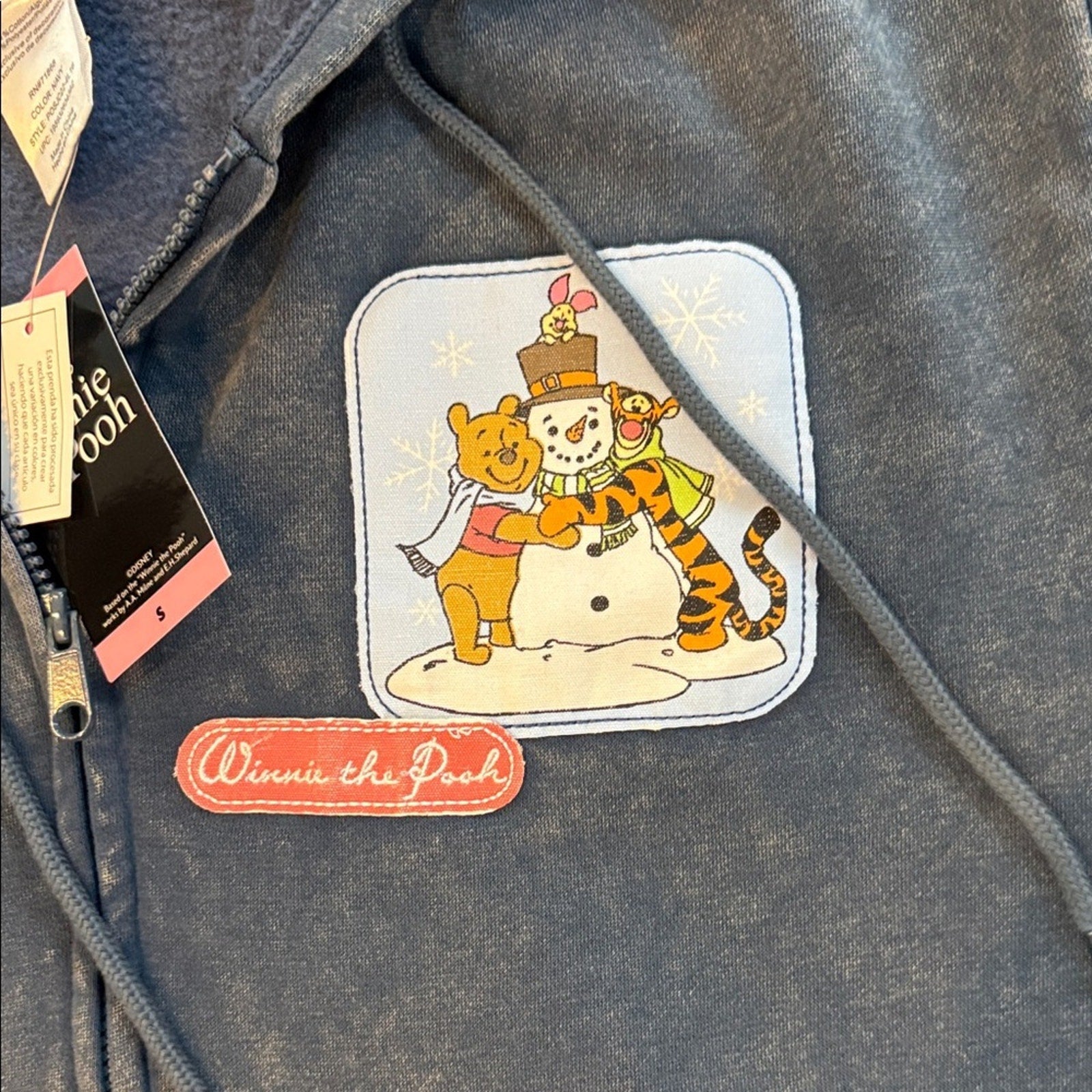 Disney Blue Hoodie with Cartoon Patches Disney zip up sweatshirt Pooh bear Small