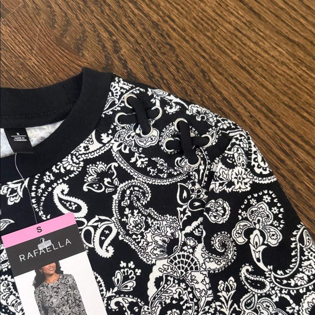 Rafaella Women’s Black & White Paisley Long Sleeve Top Size Small NWT