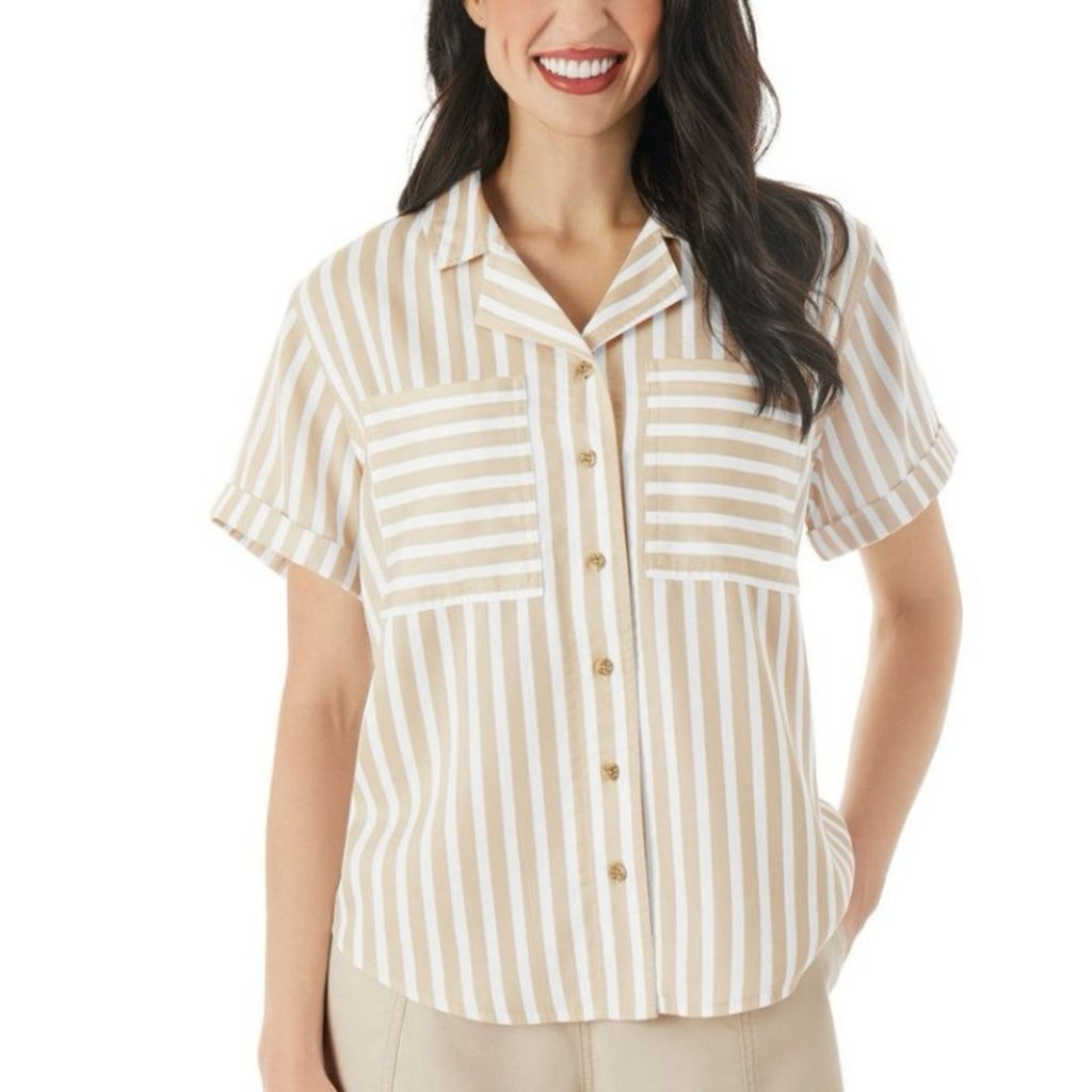 Striped Short Sleeve Button-Up Shirt woman’s members mark Medium NEW