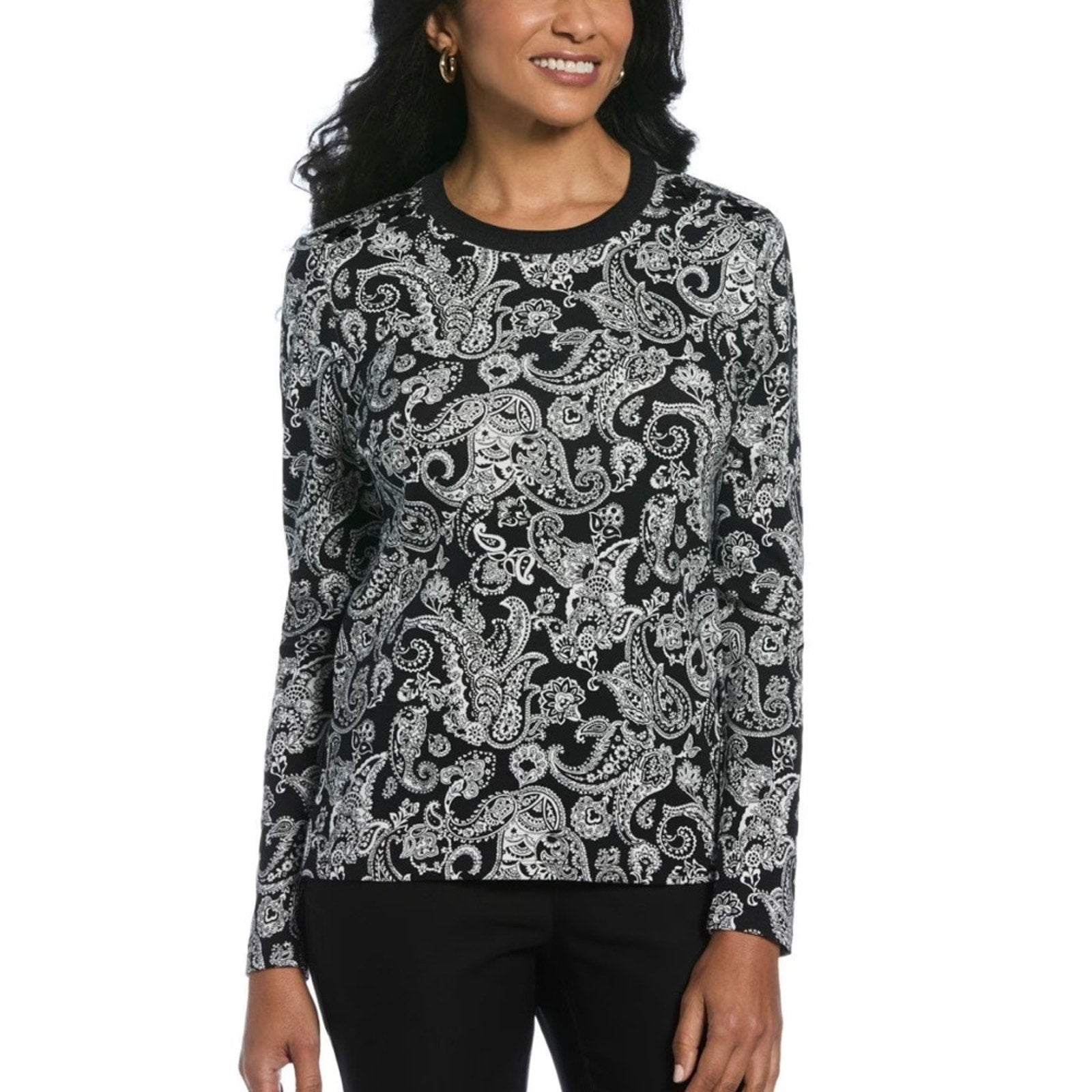 Rafaella Women’s Black & White Paisley Long Sleeve Top Size Small NWT