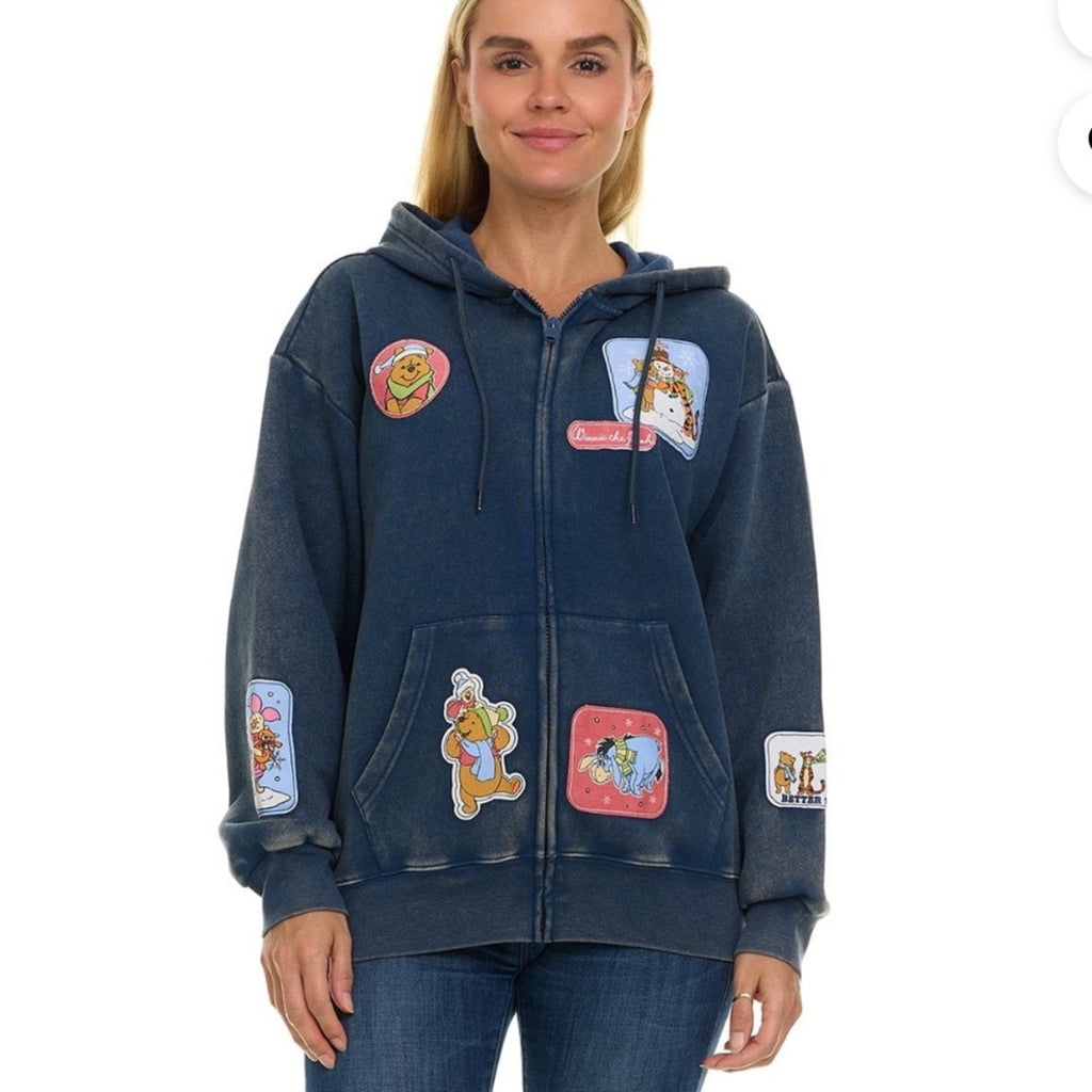 Disney Blue Hoodie with Cartoon Patches Disney zip up sweatshirt Pooh bear Small