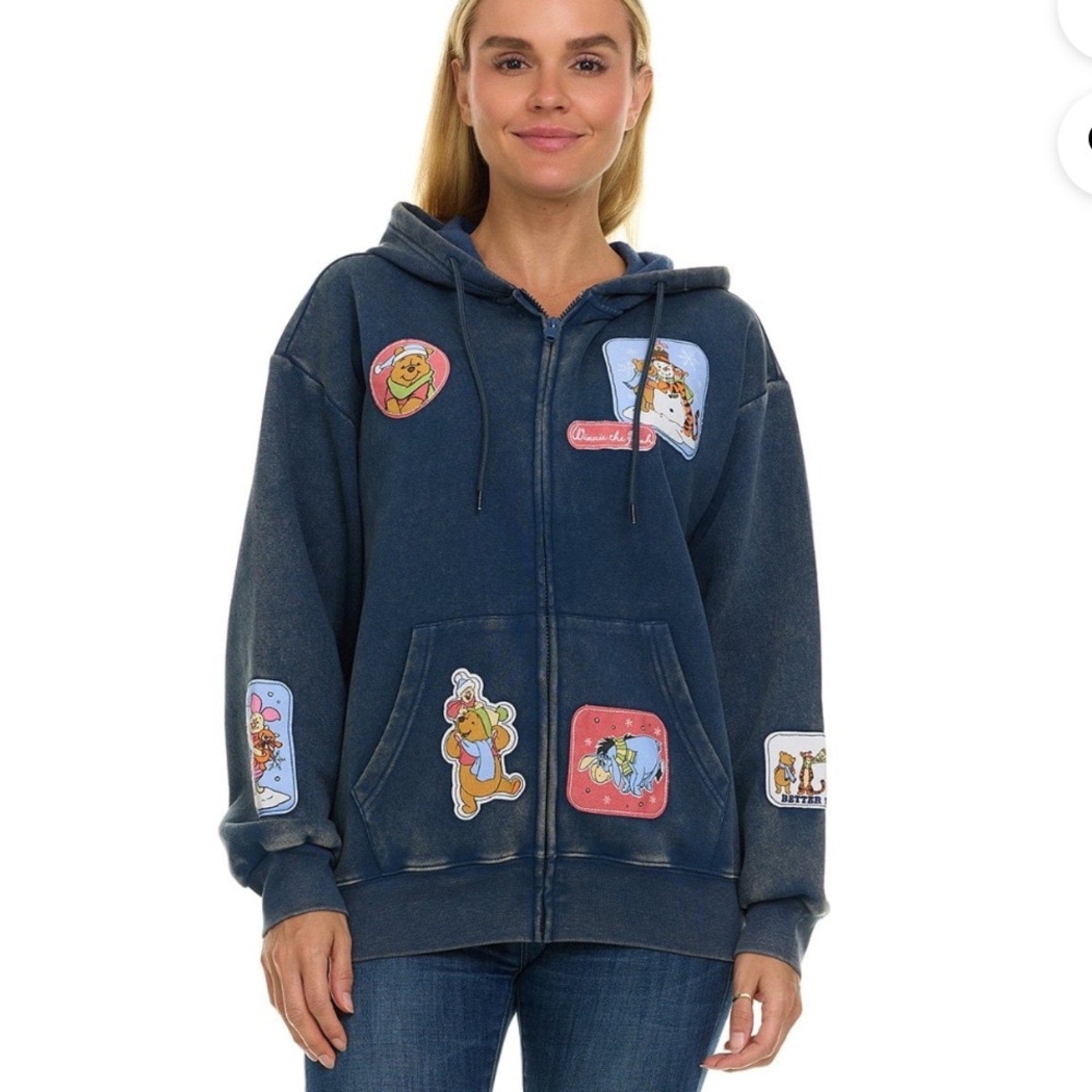 Disney Blue Hoodie with Cartoon Patches Disney zip up sweatshirt Pooh bear Small