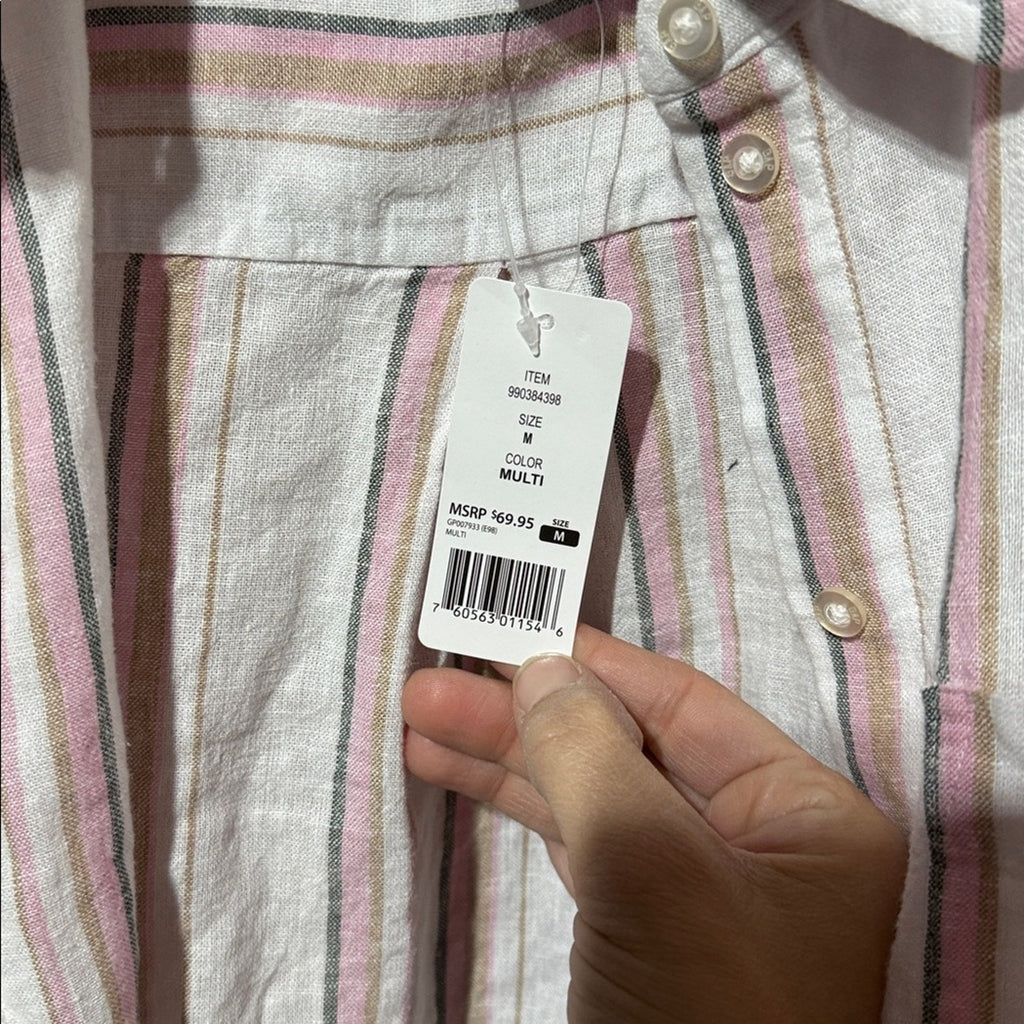GAP Women’s Linen Button Down Shirt Pink White Striped Long Sleeve Medium New