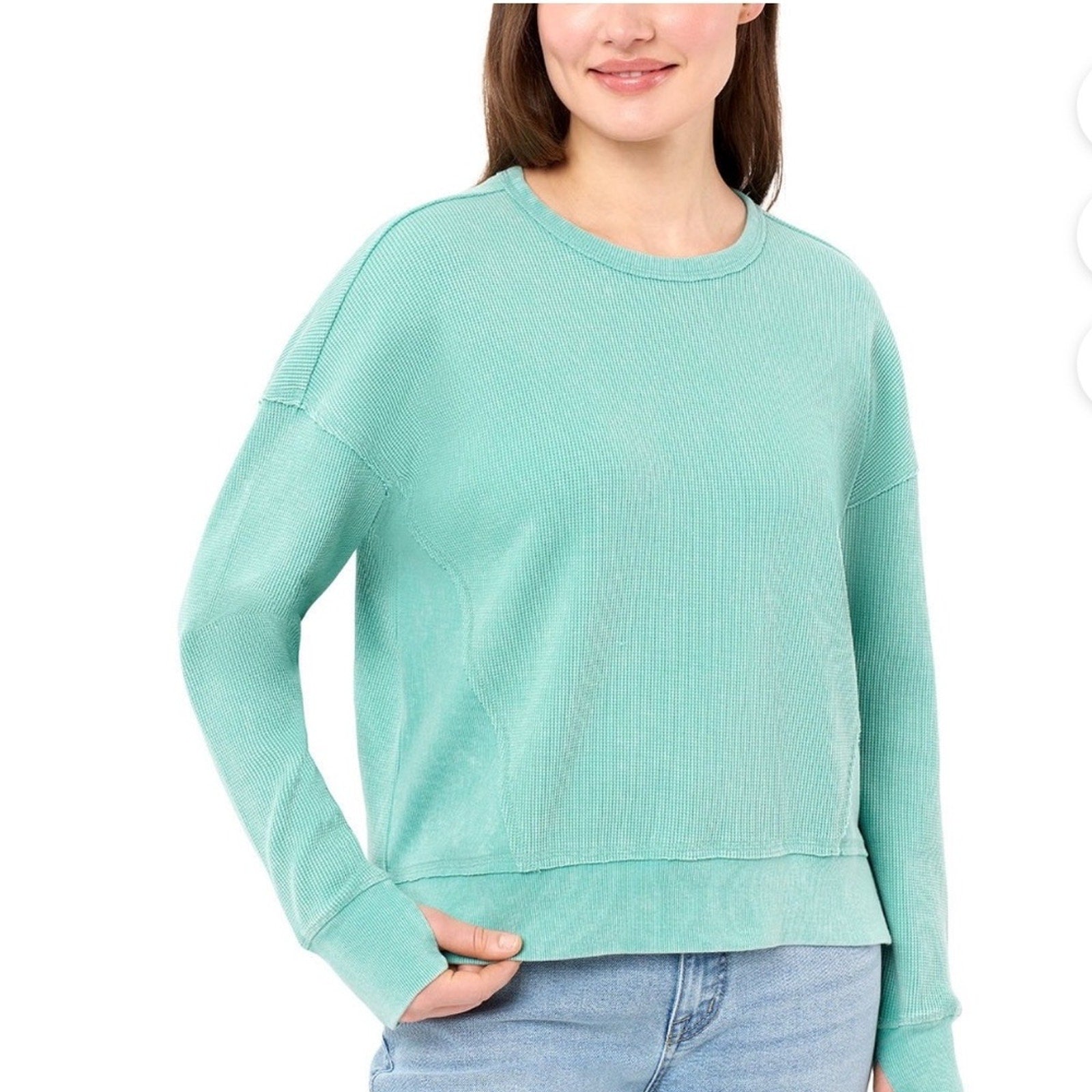 Seven7 woman’s Light Green Crewneck Sweater waffle seven 7