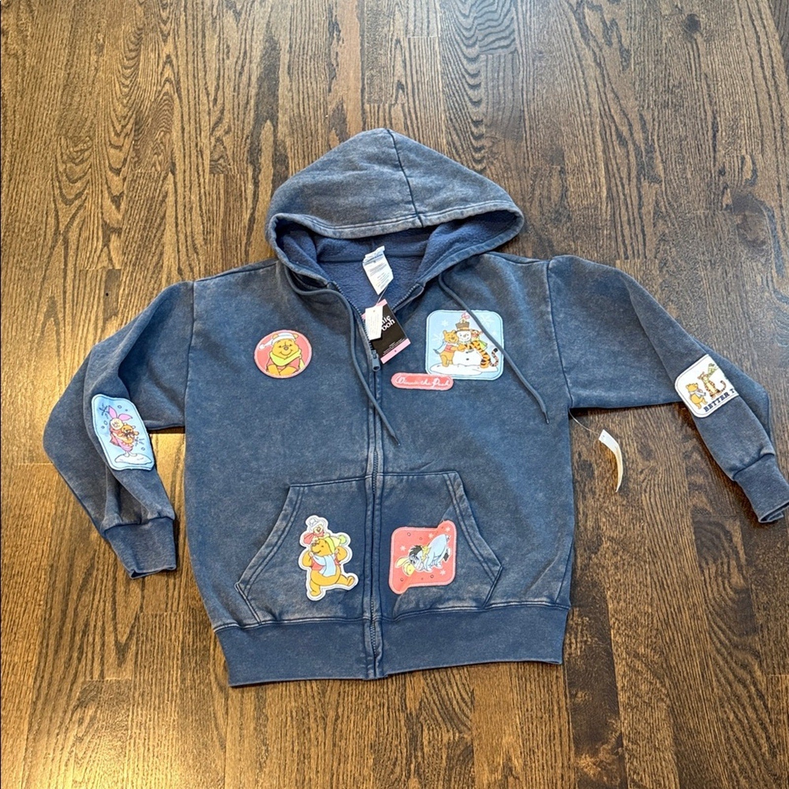 Disney Blue Hoodie with Cartoon Patches Disney zip up sweatshirt Pooh bear Small