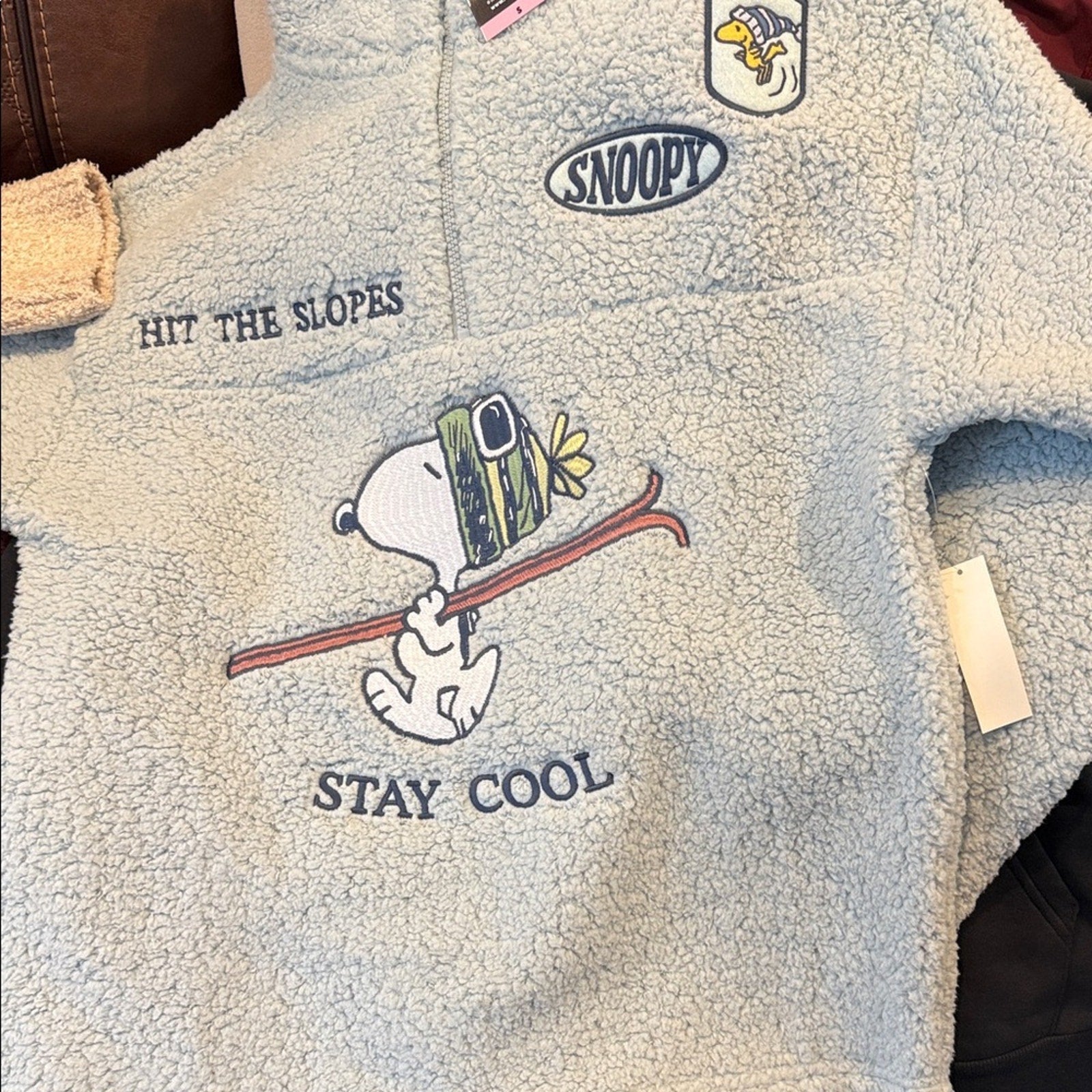 Woman’s small  Sherpa Fleece Pullover - Light Blue peanuts snoopy NEW