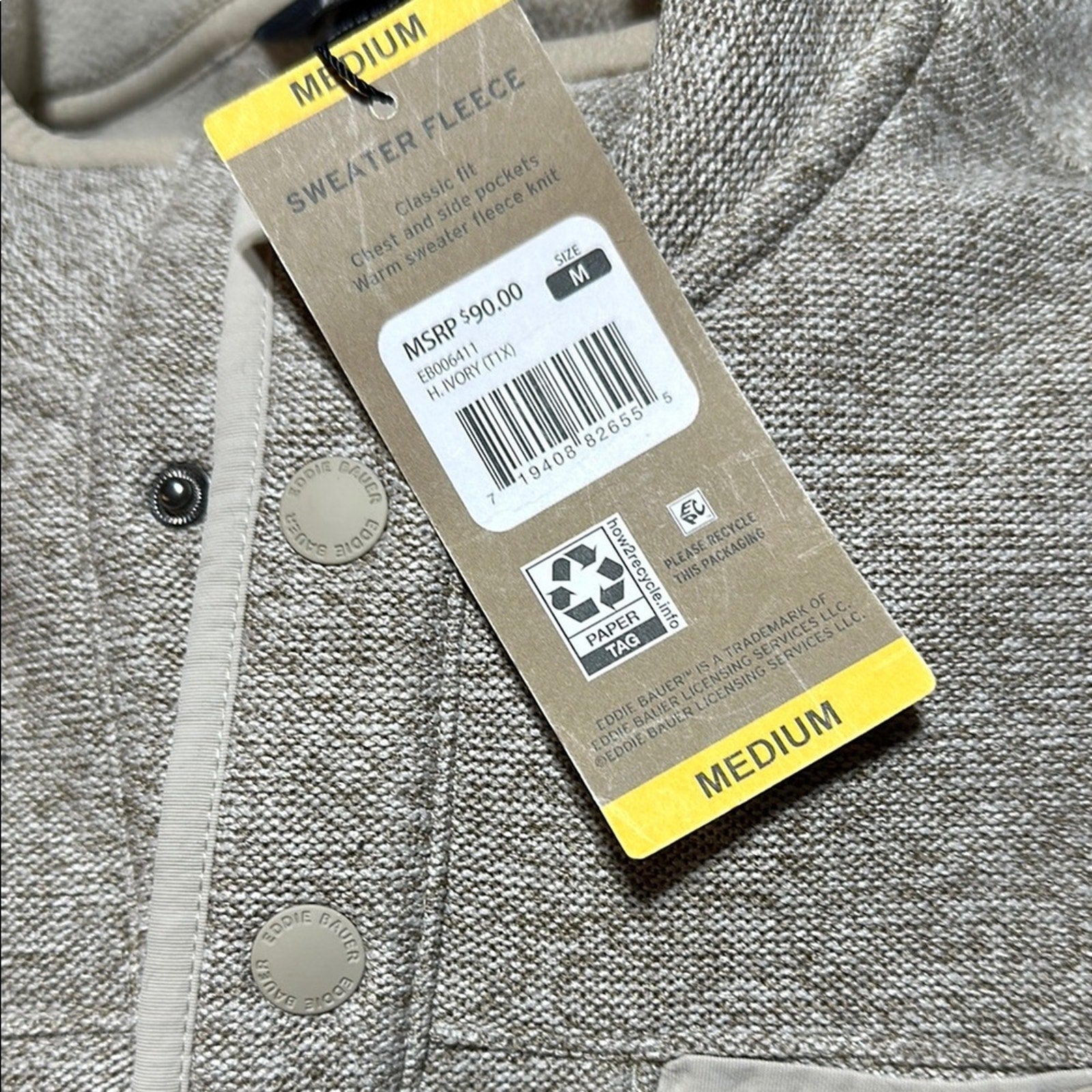 Eddie Bauer Men’s Tan Quarter Button Pullover Sweater Size M New With Tags