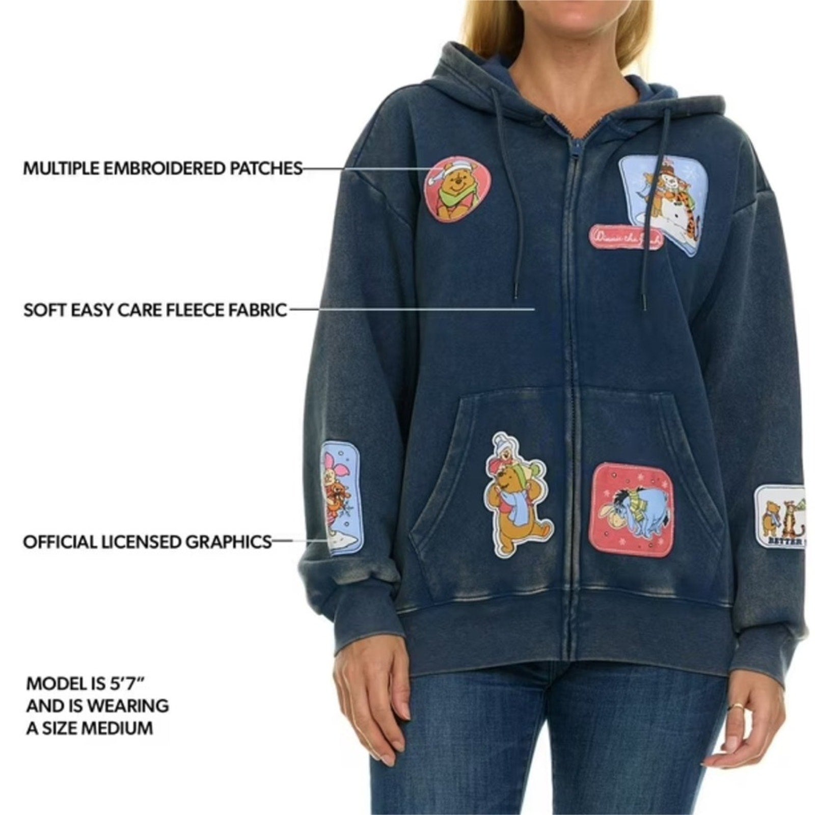 Disney Blue Hoodie with Cartoon Patches Disney zip up sweatshirt Pooh bear Small