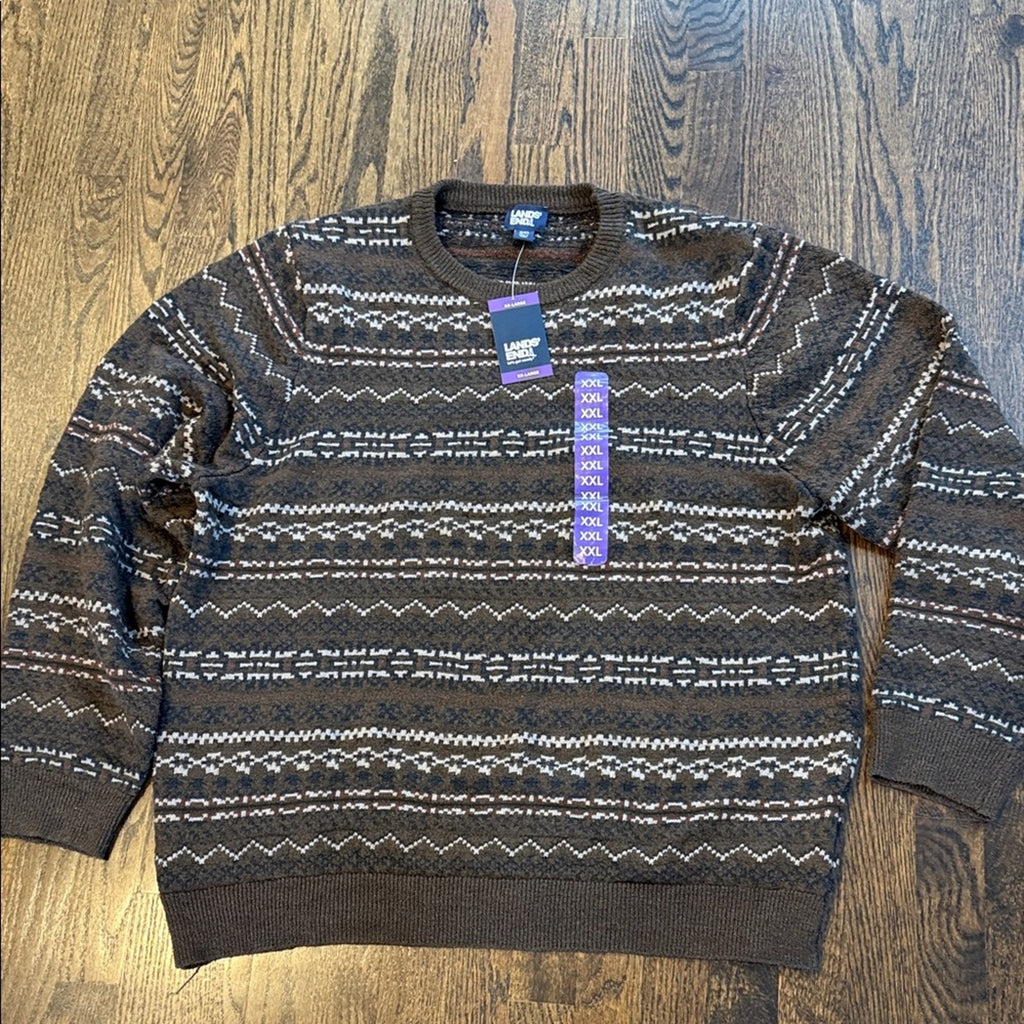 Lands' End Men's Dark Brown Patterned Crewneck Sweater XXL NEW
