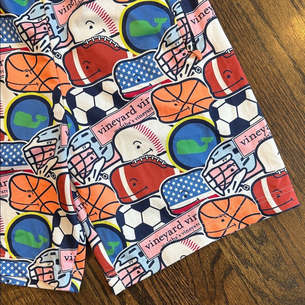 Vineyard Vines Kids' Sports Print Shorts in Red, Blue, and Orange