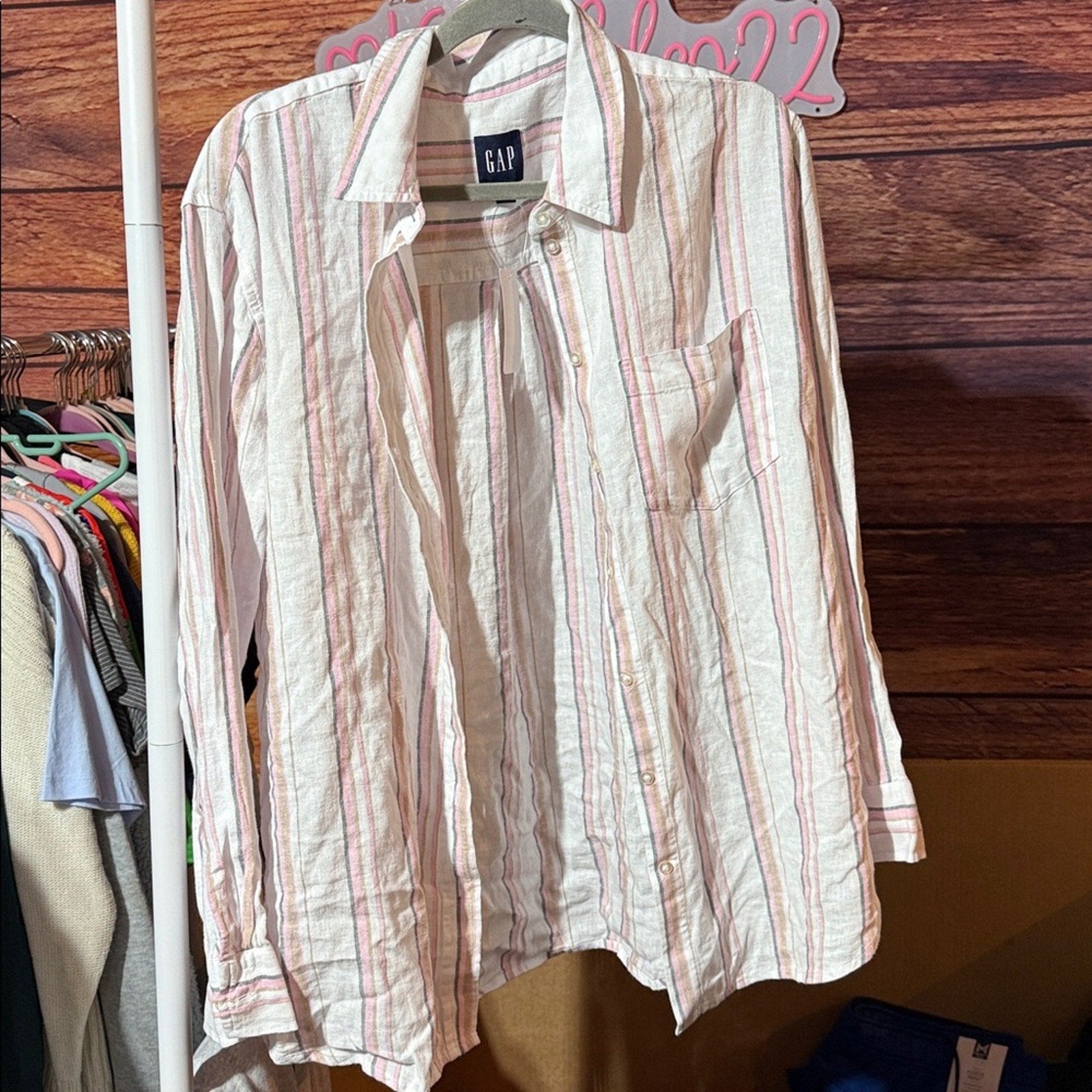 GAP Women’s Linen Button Down Shirt Pink White Striped Long Sleeve Medium New