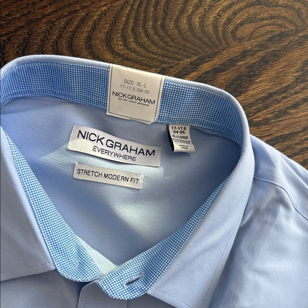 Nick Graham Men's Modern Fit Traveler Dress Shirt Blue 17-17.5 34/35 NWT