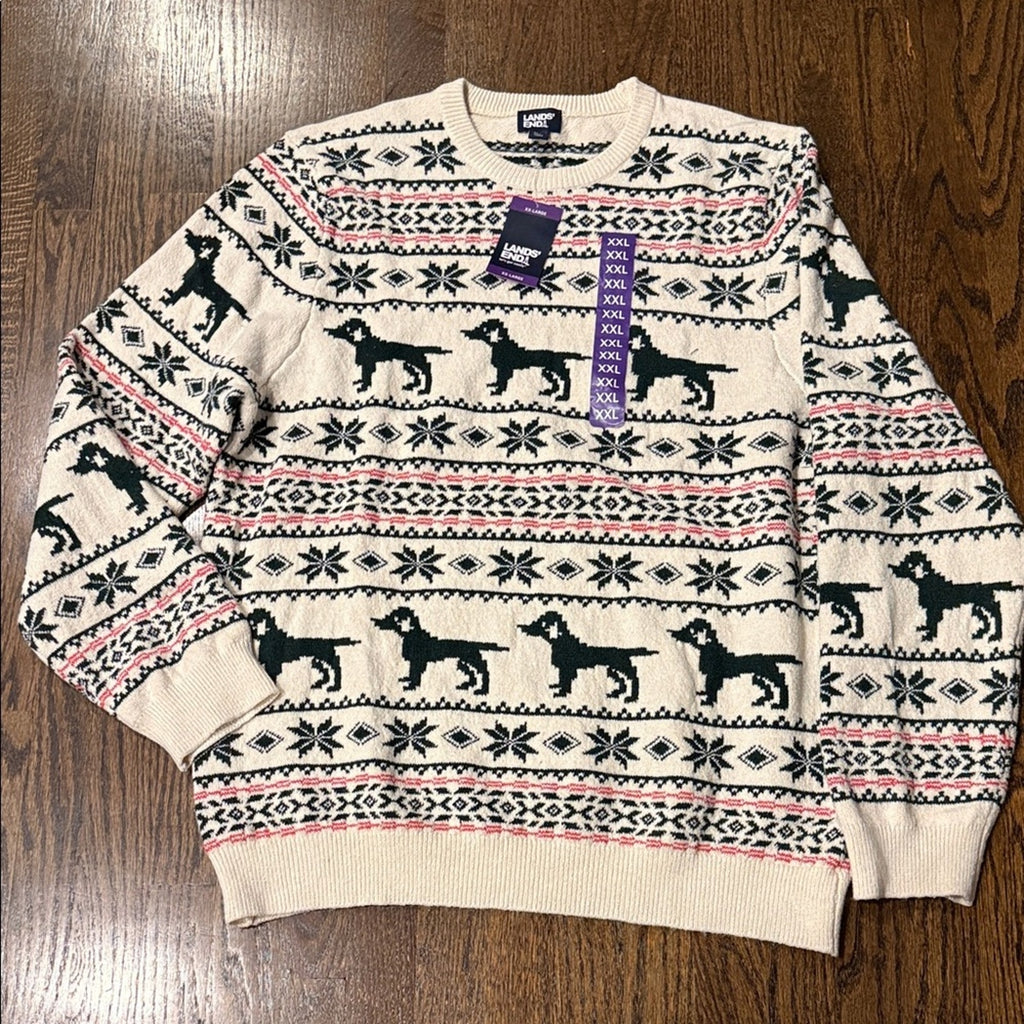 Lands' End Beige and Black Dog Pattern Crewneck Sweater men’s XXL