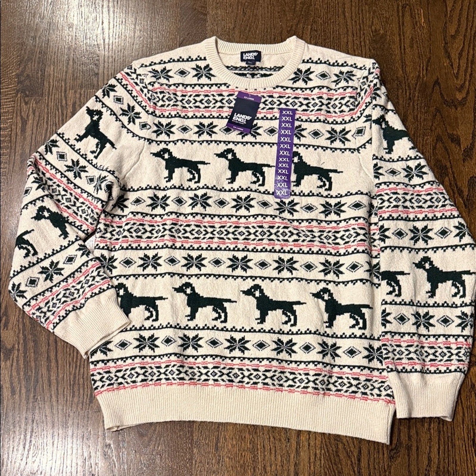 Lands' End Beige and Black Dog Pattern Crewneck Sweater men’s XXL