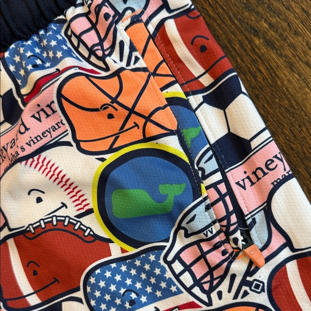 Vineyard Vines Kids' Sports Print Shorts in Red, Blue, and Orange