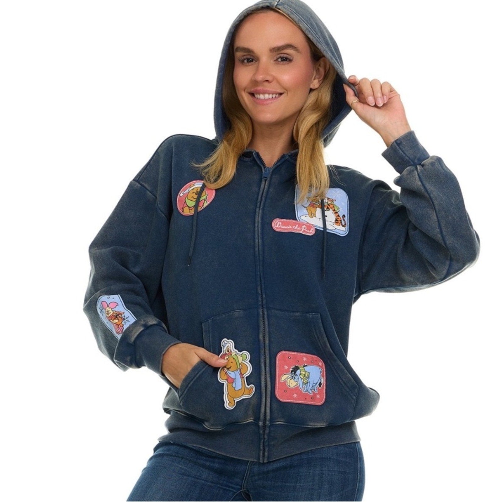 Disney Blue Hoodie with Cartoon Patches Disney zip up sweatshirt Pooh bear Small