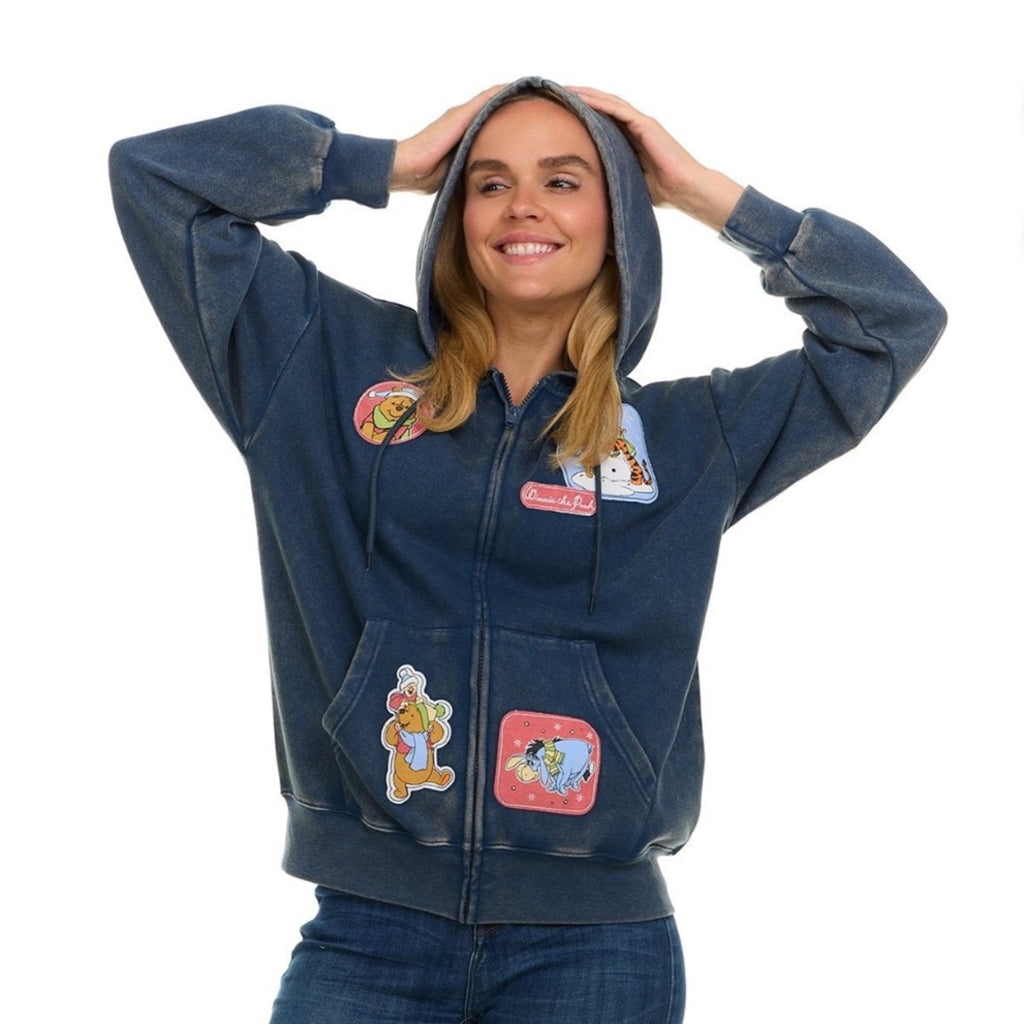 Disney Blue Hoodie with Cartoon Patches Disney zip up sweatshirt Pooh bear Small