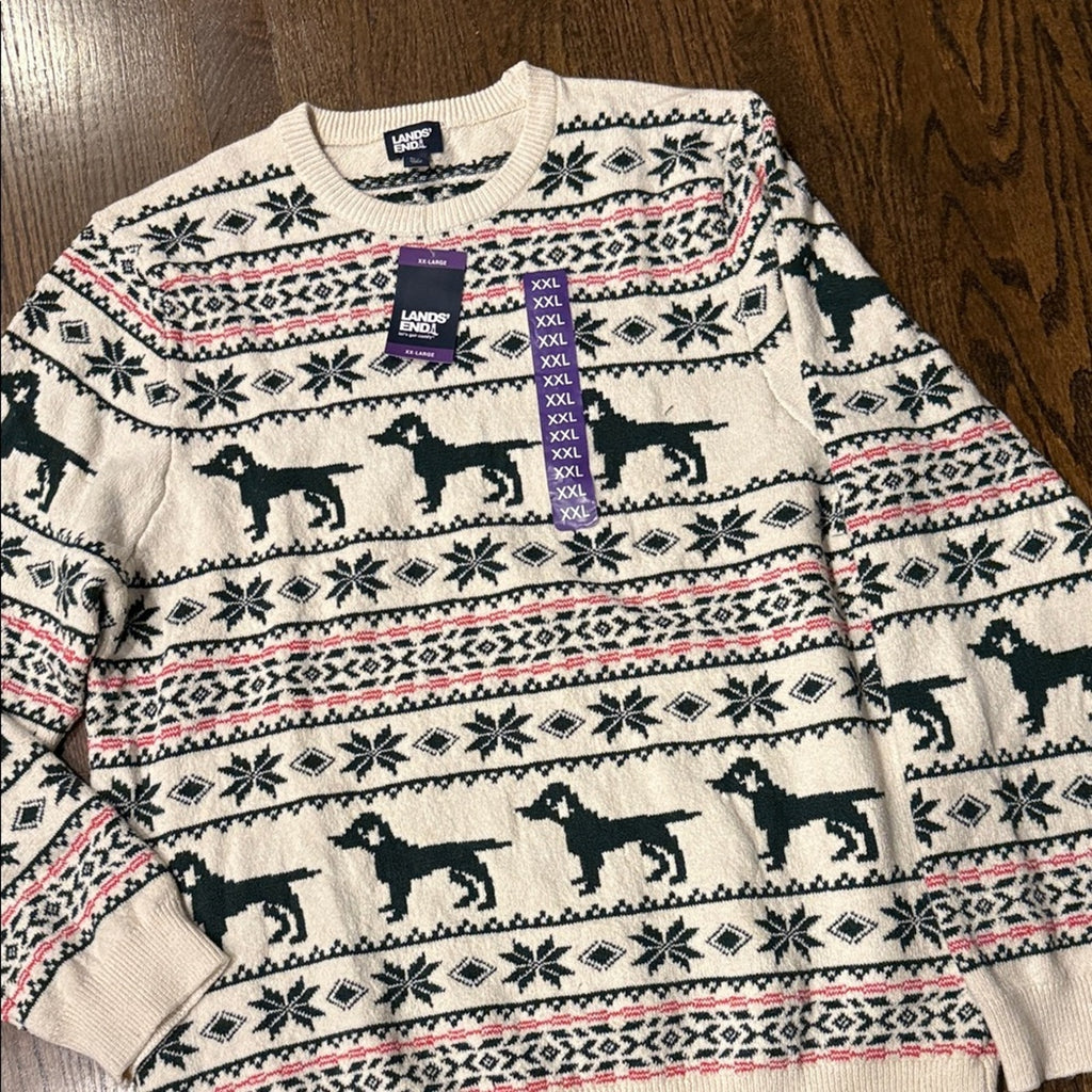 Lands' End Beige and Black Dog Pattern Crewneck Sweater men’s XXL