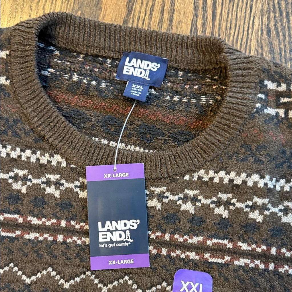 Lands' End Men's Dark Brown Patterned Crewneck Sweater XXL NEW